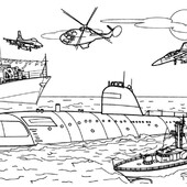 Раскраска Корабли, подводная лодка и вертолеты