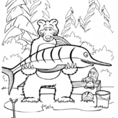 Раскраска Маша и Медведь. Медведь поймал рыбу