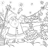 Раскраска Дед Мороз украшает ёлку
